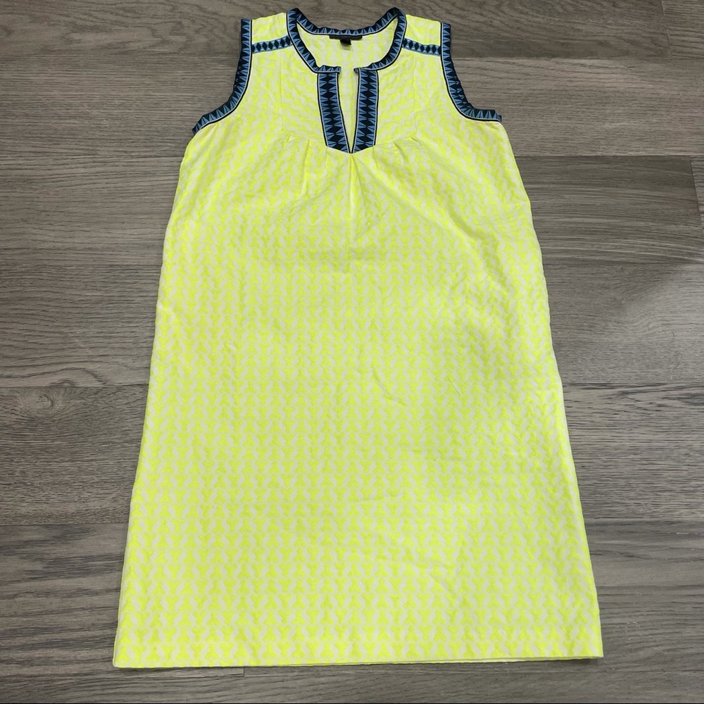 J Crew Arrow Print Shift Dress Neon Citrus Bright Yellow Blue Aztec Trim Sz 0